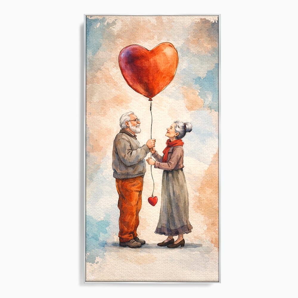 Tablou canvas cu tablou canvas cuplu in varsta si inima, in rama de aluminiu argintiu